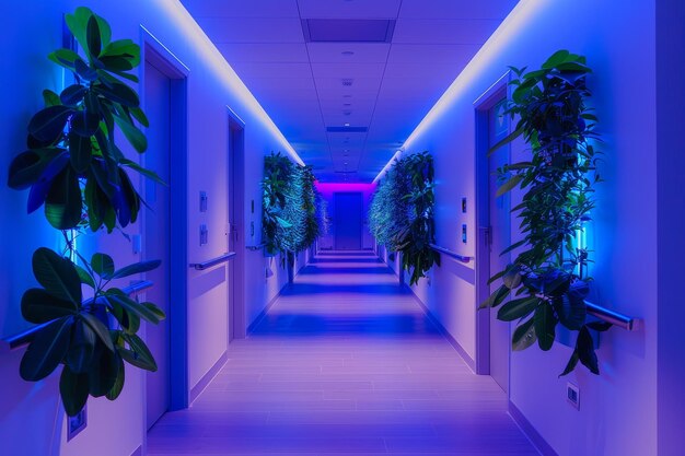 Photo a long hallway lined with bioluminescent plants glowing under blue lights bioluminescent plants lining the corridors creating a calming atmosphere for patients