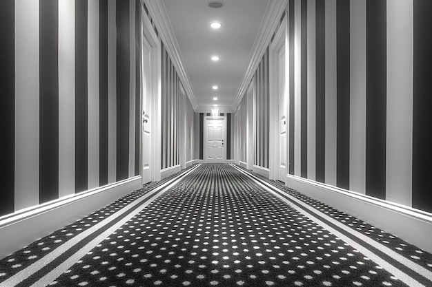 Photo a long hallway with black and white stripes on the walls and a black