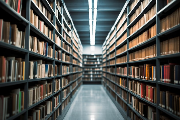 A long hallway with books on the shelves and a light on the ceiling.