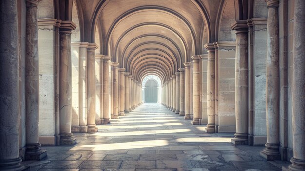 A long hallway with columns and a clock on the wall Suitable for interior design concepts