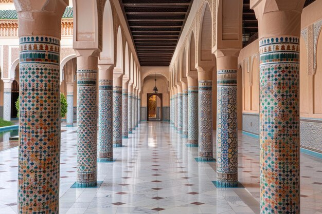 A long hallway with columns and tiled floors suitable for architectural projects