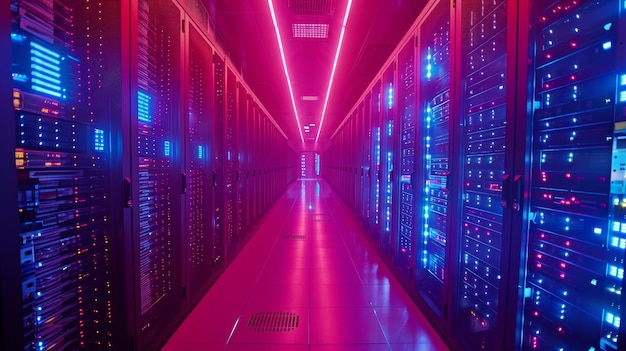 A long hallway with many computer servers The servers are lit up in a neon blue and red color