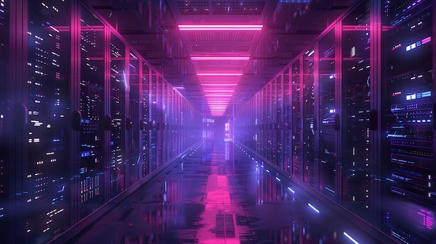 A long hallway with neon lights and a pink hue