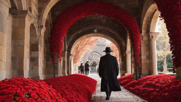 A long hallway with a red carpet and a man walking away from the camera The walls are made of stone