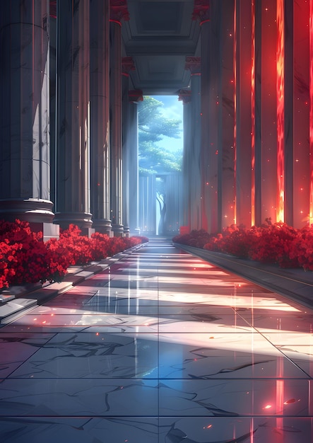 A long hallway with red flowers and a tree in the middle