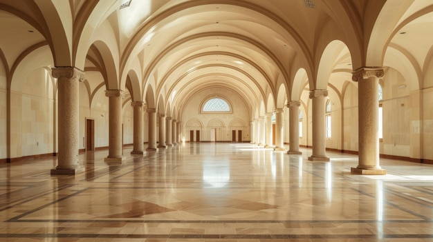 A long hallway with white pillars and a large painting on the wall