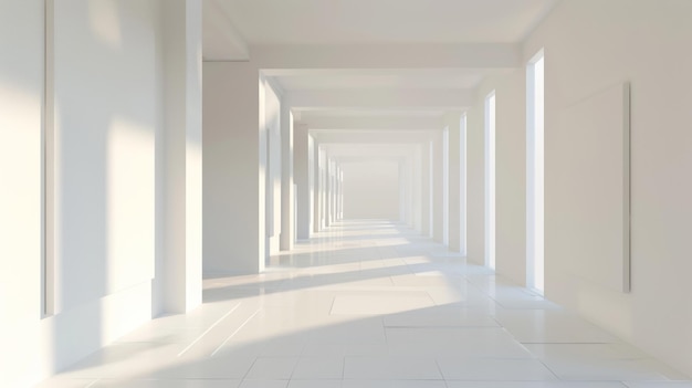 a long hallway with a white wall and a large hallway with a large open doorway