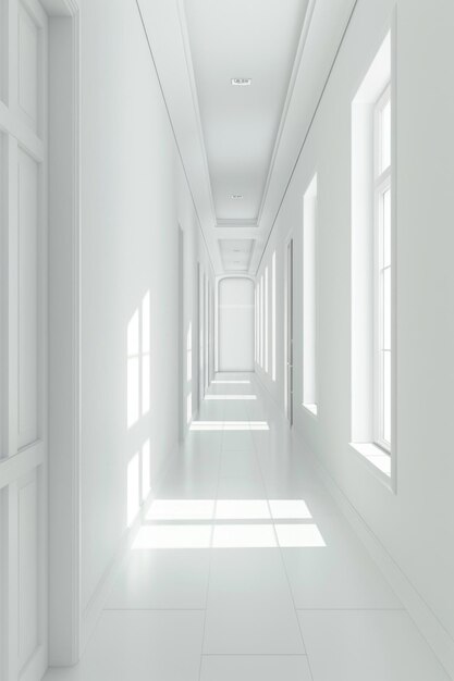 Photo long hallway with white walls and windows