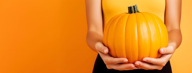 Long Horizontal Fall Banner with Copy Space a background with woman hands holding a orange pumpkin