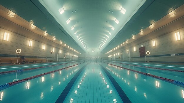 Photo a long indoor pool with a blue water pool and lights