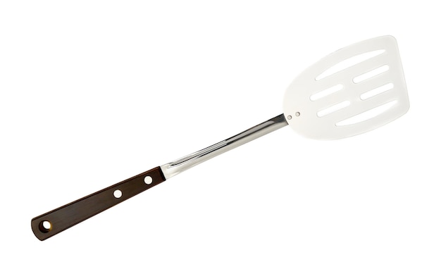 Long kitchen spatula with wooden handle closeup isolated on white background