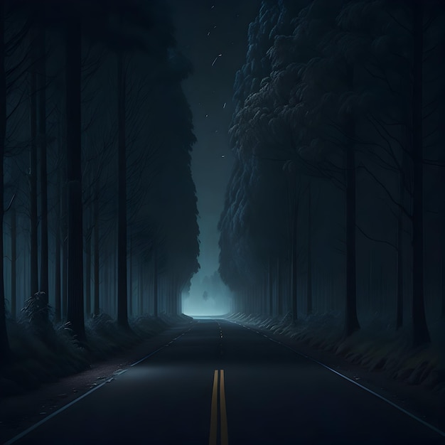 Photo a long and lonely road shrouded in darkness surrounded by towering trees