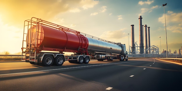 Photo long lorry truck for petroleum product shipping driving on country road to oil refinery plant