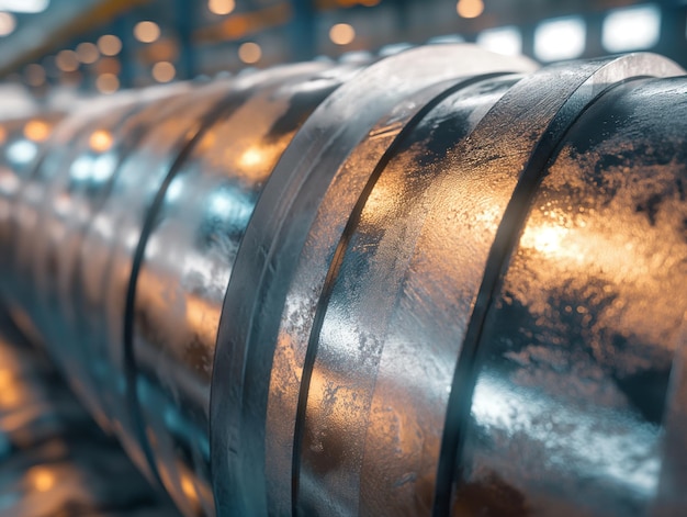 A long metal pipe with a shiny surface and a frosty appearance