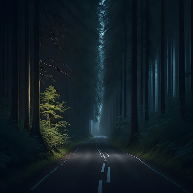 A long and mysterious road shrouded in darkness surrounded by towering trees