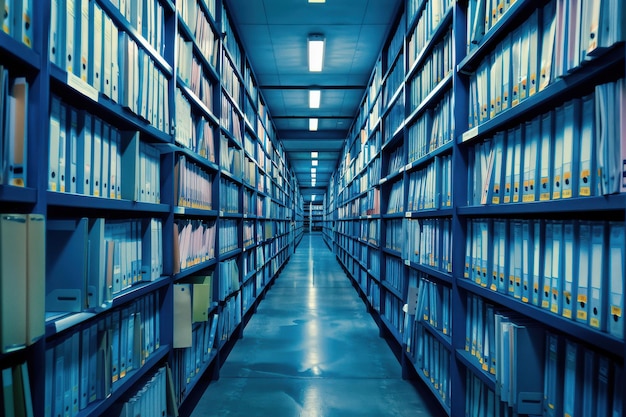 A long narrow aisle of metal bookshelves stacked with files