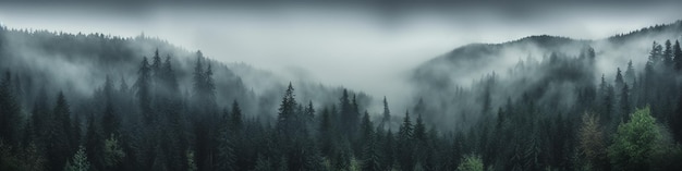 a long narrow panorama of a coniferous northern forest in the fog of an autumn day, a landscape of wildlife