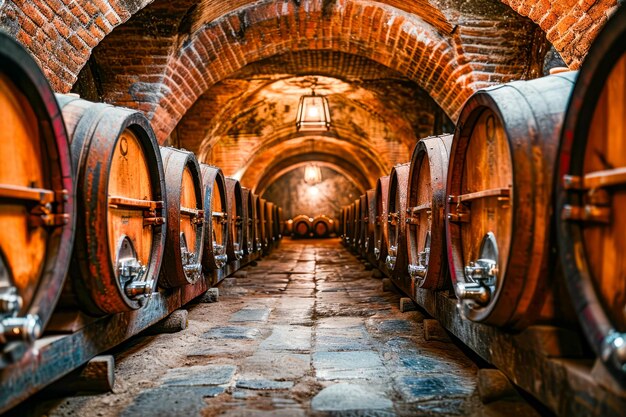 Long and narrow room with wooden barrels lining up along both walls filled