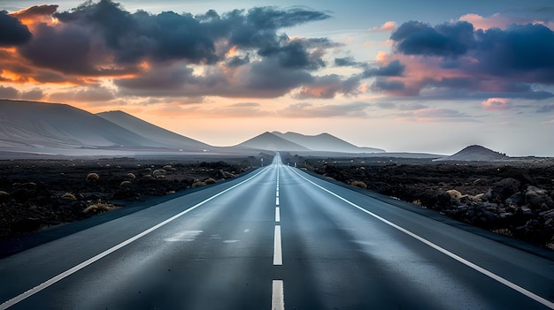 Long Open Road Leading Towards Distant Mountains under a Dramatic Sky at Sunset Empty Asphalt Highway in Scenic Landscape Travel and Adventure Concept AI