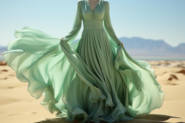 The long pastel green color dress symbolizing freshness and natural beauty for an enchanting style