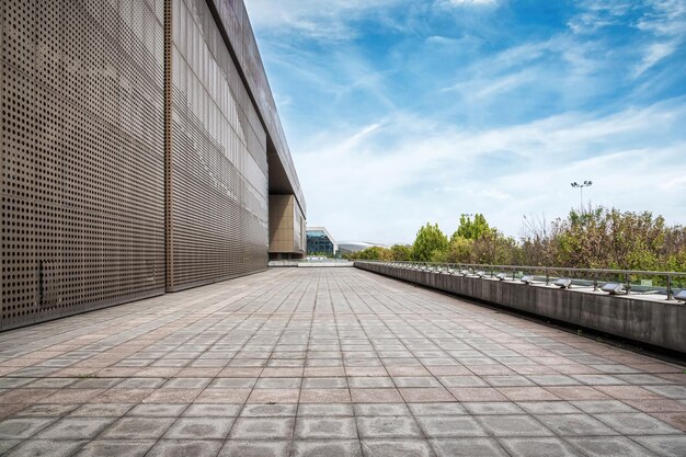 Long Paved Walkway Beside a Modern Perforated Facade