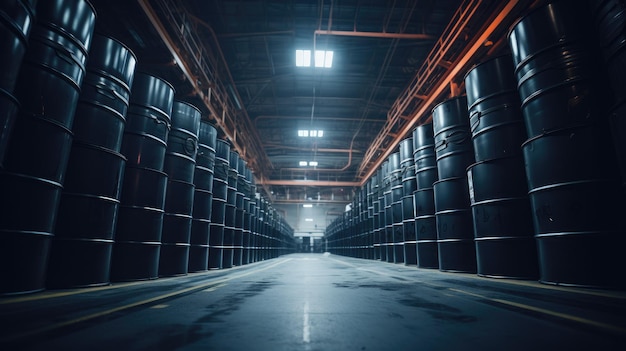 Photo long raves of metal drums of crude oil or hazardous waste on shelves in a large dark chemical storage facility