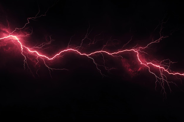 A long red streak of lightning is shown in the dark generative ai image