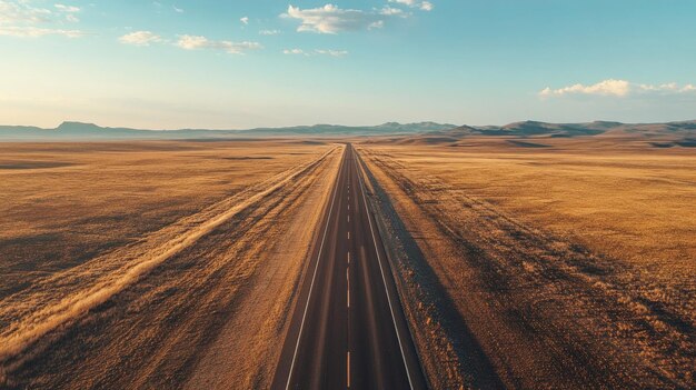 Long road crossing a vast plain aerial view no cars wide area for copy or text