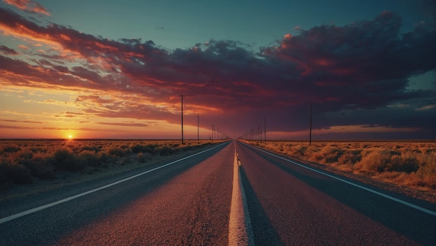 A long road at sunset with a beautiful sky and clouds