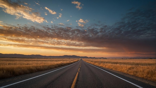 A long road at sunset with a beautiful sky and clouds