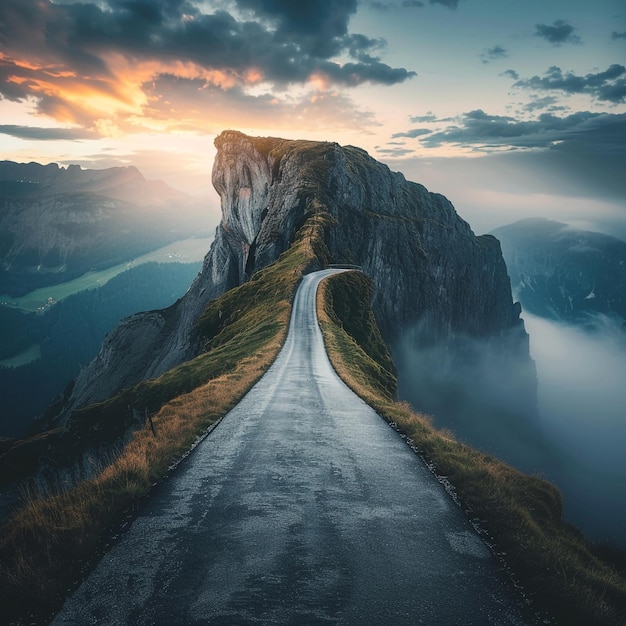 a long road that has a picture of a mountain in the fog background panning