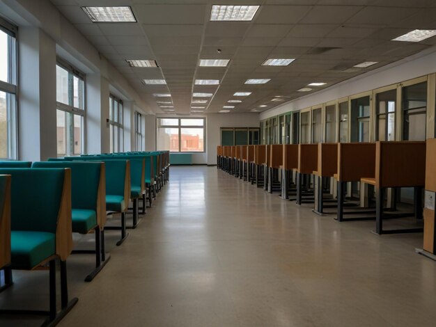 Photo a long room with rows of chairs and a window with the number 5 on the back