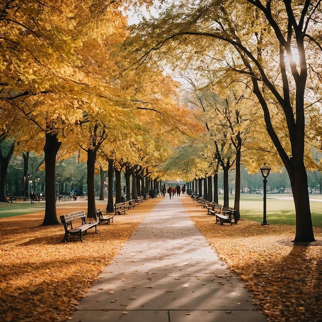 a long row of benches with the words fall on the right