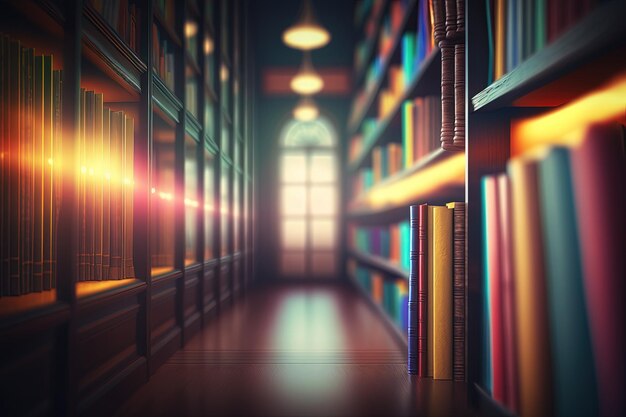 A long row of books in a library generative AI