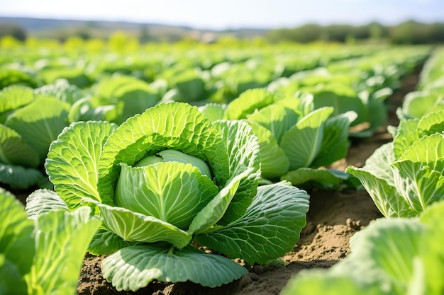 long rows of green beds with growing cabbage or lettuce in a large farmer's field