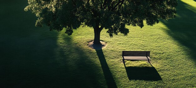 Photo a long shadow of a solitary tree with an empty park bench