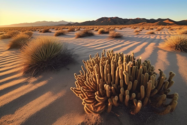 Long shadows cast by cacti in desert during sunset created with generative ai