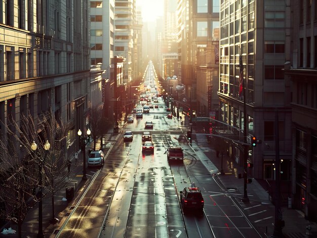 Photo a long shot of a busy city street at sunset with tall buildings on either side