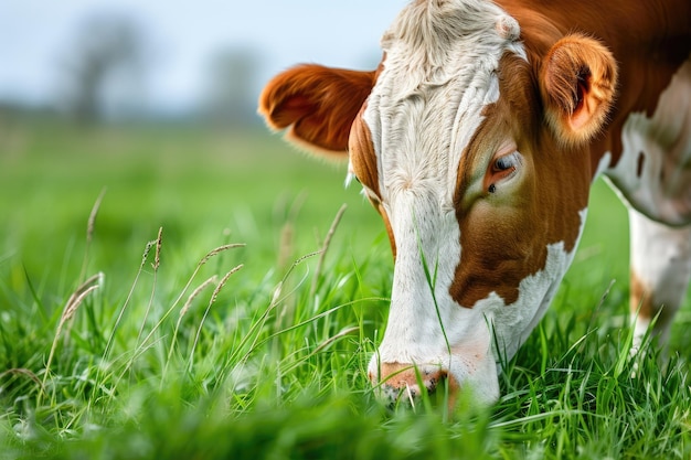 Photo long shot cow eating grass on pasture