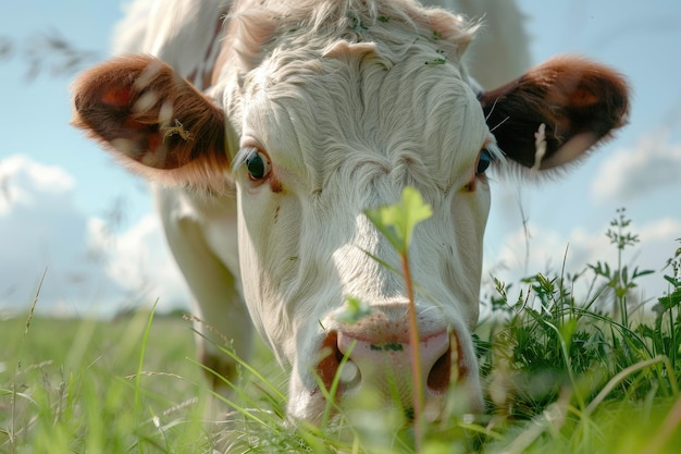 Photo long shot cow eating grass on pasture