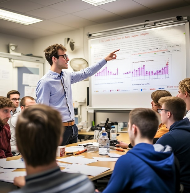 A long shot of a student giving a presentation about their experiment, education stock images