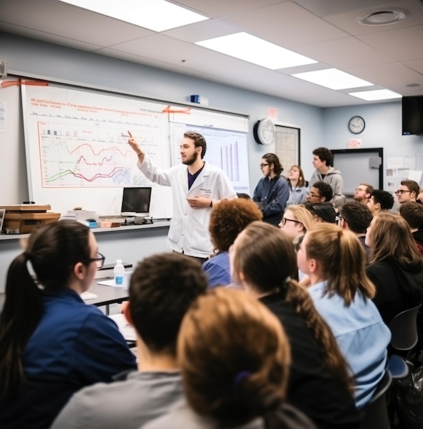 A long shot of a student giving a presentation about their experiment, education stock images