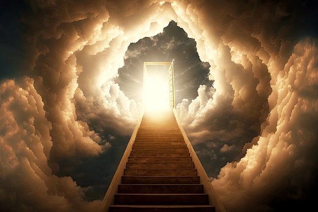 Long stairway to heaven among golden clouds with entrance to paradise