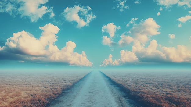 Photo a long straight road in a field with clouds in a blue sky overhead