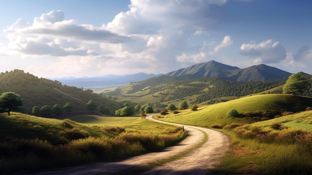 A long straight road leading towards a mountains Amazing bright spring and summer landscape