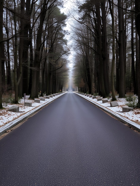 Photo a long straight road lined with bare trees in winter