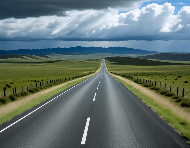 Photo a long straight road with a cloudy sky in the background