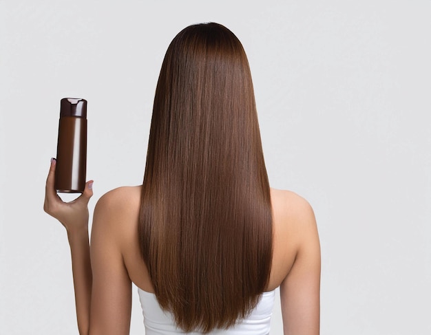 Photo long straight shiny hair with a person holding a black shampoo bottle highlighting hair care and beauty products