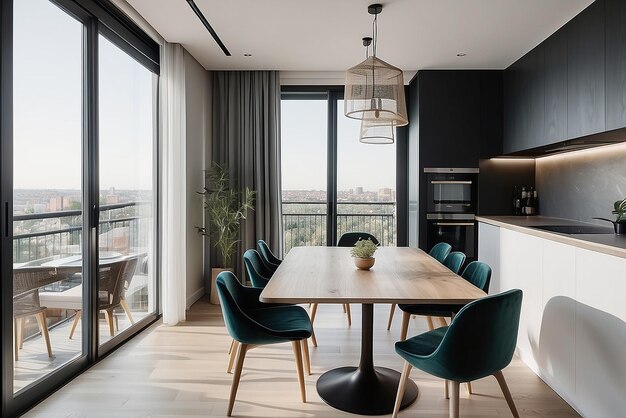 Photo long table and comfortable chairs located in dining room near kitchen against opened balcony door in daytime in modern apartment