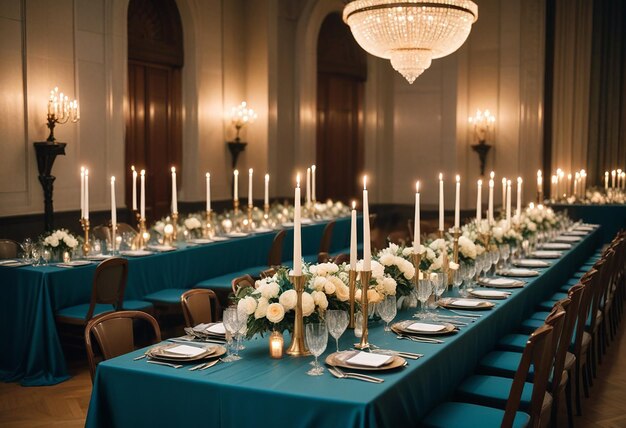 Photo a long table with a blue table cloth with flowers on it